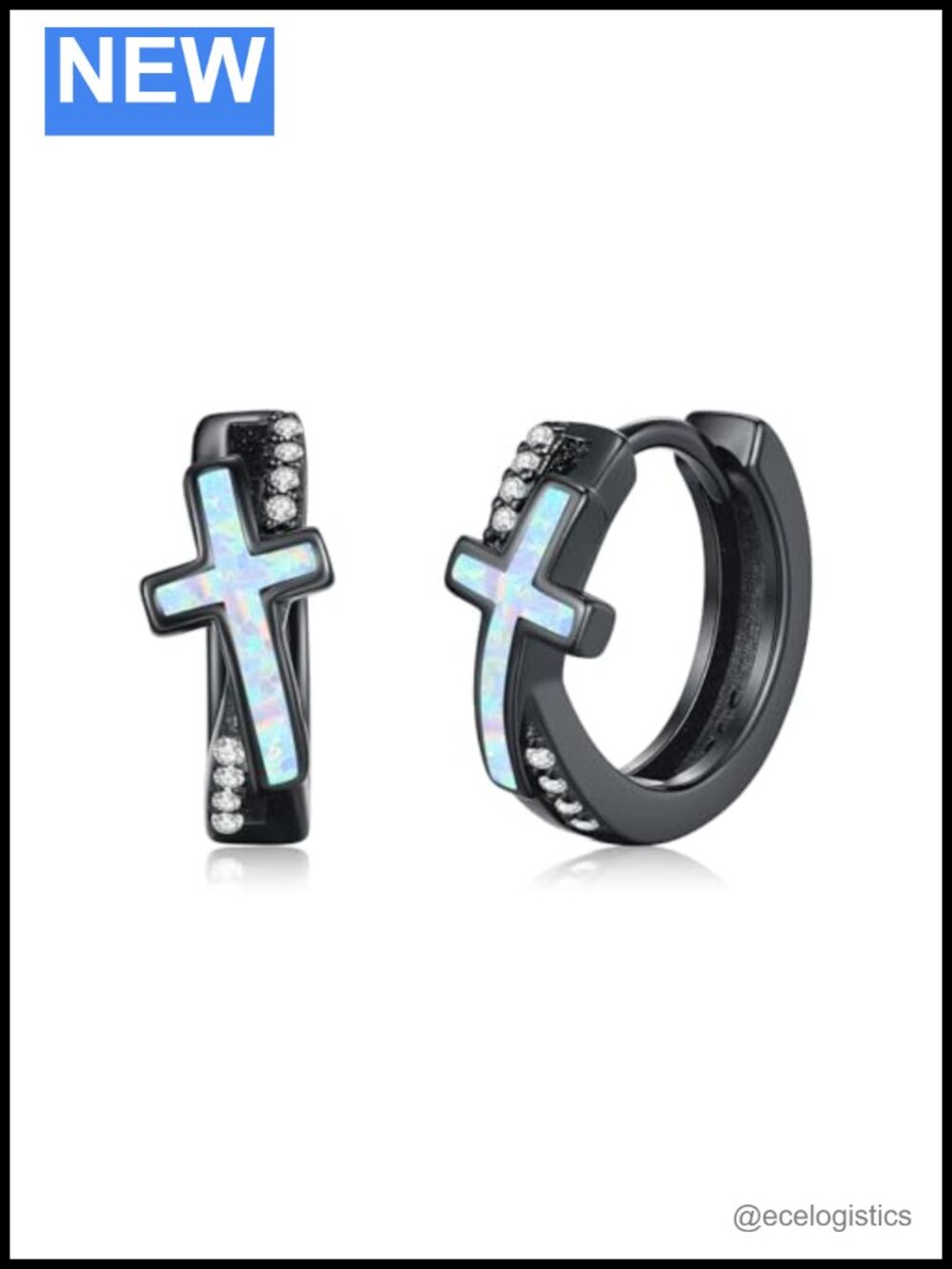 925 Sterling Silver Cross Hoop Earrings White Opal Huggie Christian